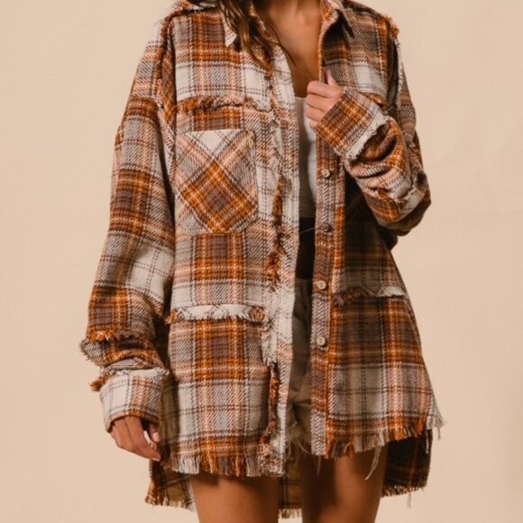 Bibi Oversized Brown Plaid Shacket Jacket With Frayed Edges - Picture 2 of 5